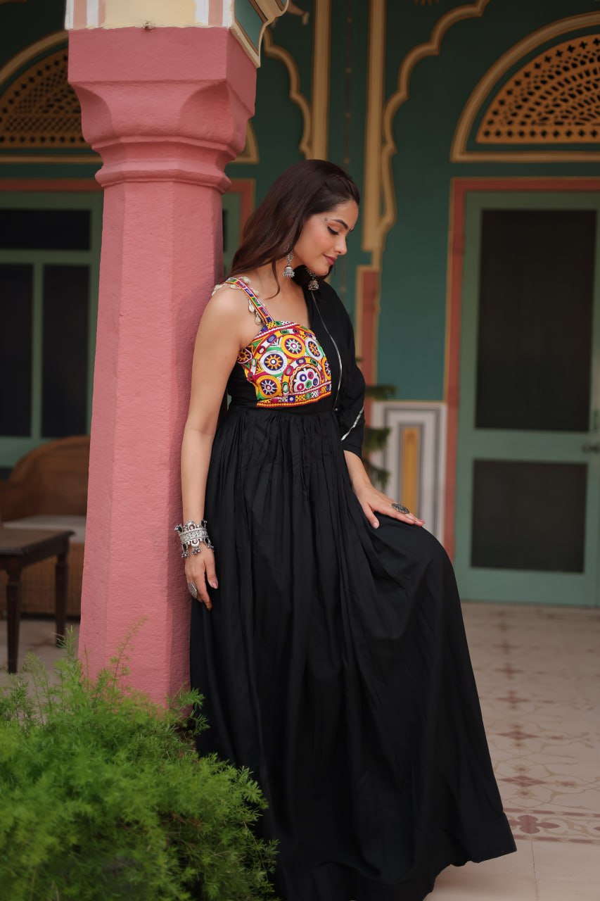 Kutch Embroidered Rayon Gown in Black