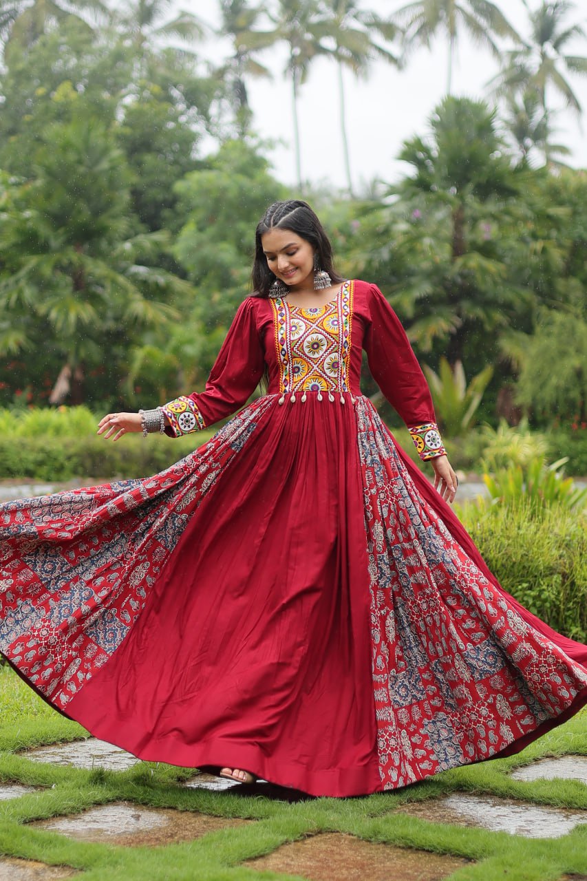 Heavy Flair Gamthi Work Full Sleeve Gown For Navratri