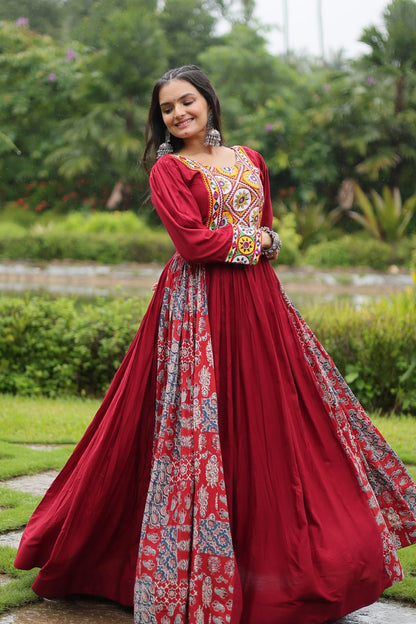 Heavy Flair Gamthi Work Full Sleeve Gown For Navratri