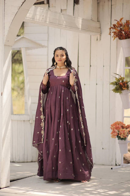 Vichitra Shimmer With Rich Sequins Embroidered Work Gown With Dupatta