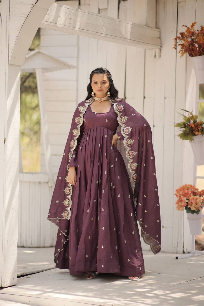 Vichitra Shimmer With Rich Sequins Embroidered Work Gown With Dupatta