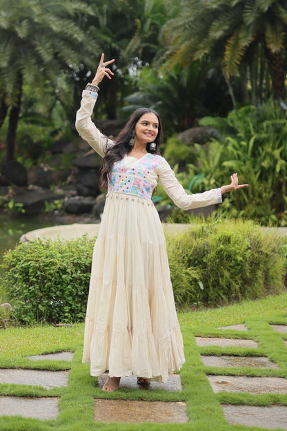 OFF-WHITE COLOR KORA COTTON NAVRATRI GOWN