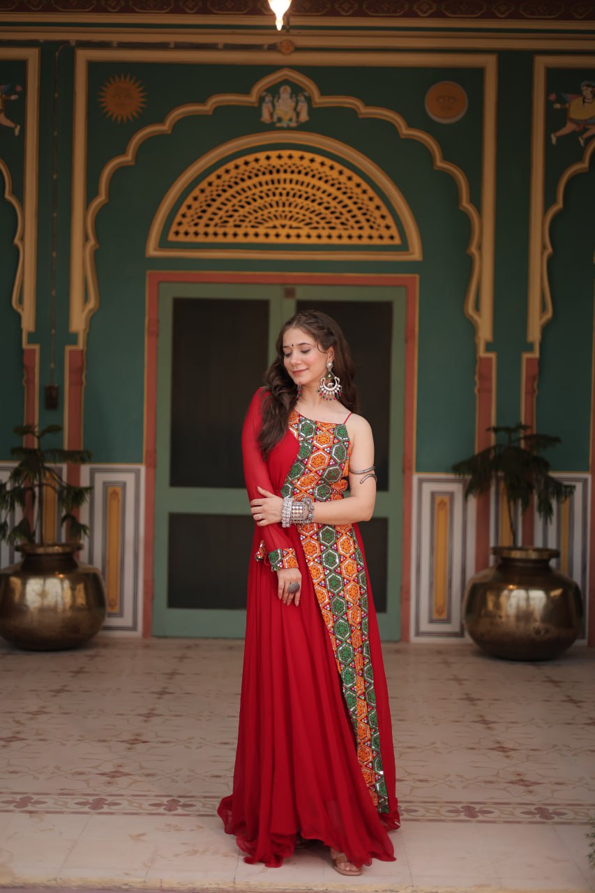 RED COLOR FAUX BLOOMING NAVRATRI GOWN