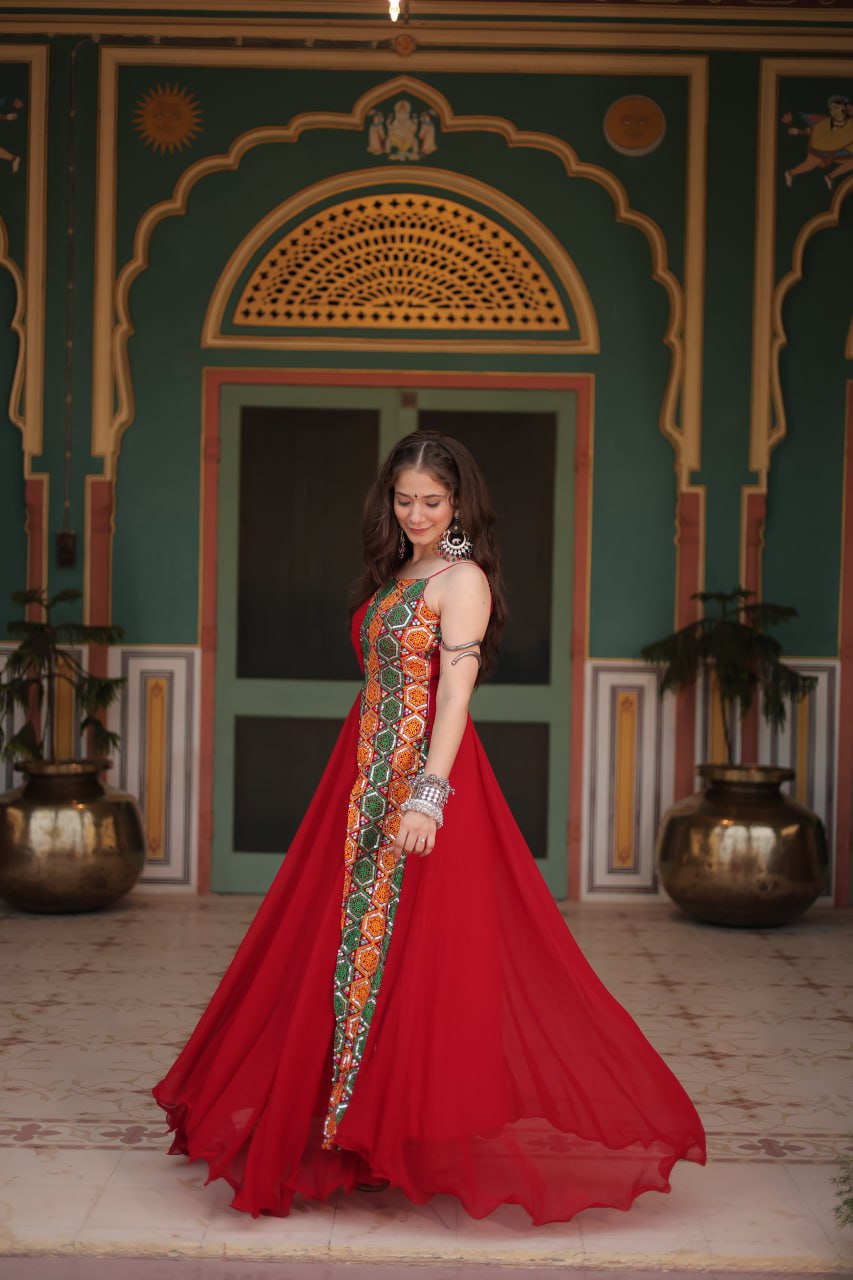 RED COLOR FAUX BLOOMING NAVRATRI GOWN