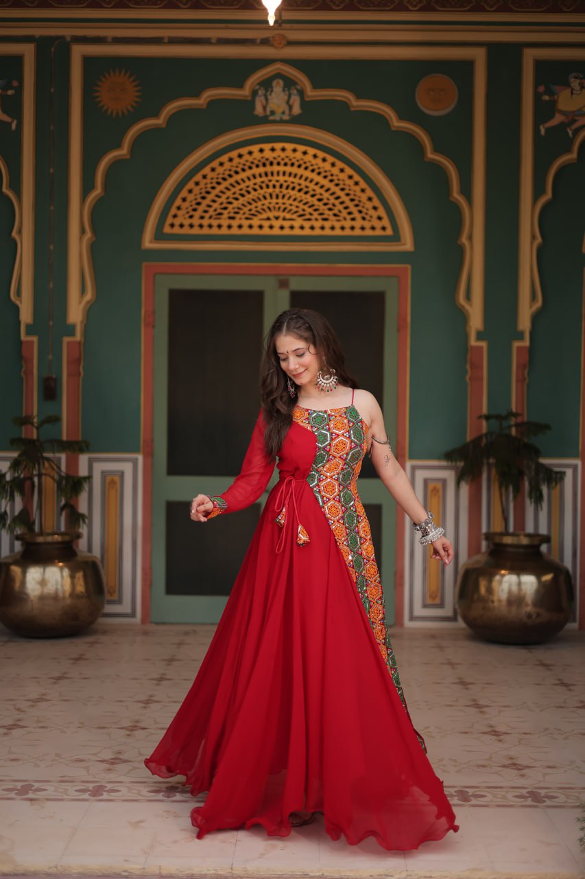 RED COLOR FAUX BLOOMING NAVRATRI GOWN