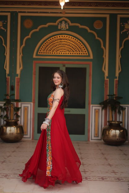 RED COLOR FAUX BLOOMING NAVRATRI GOWN