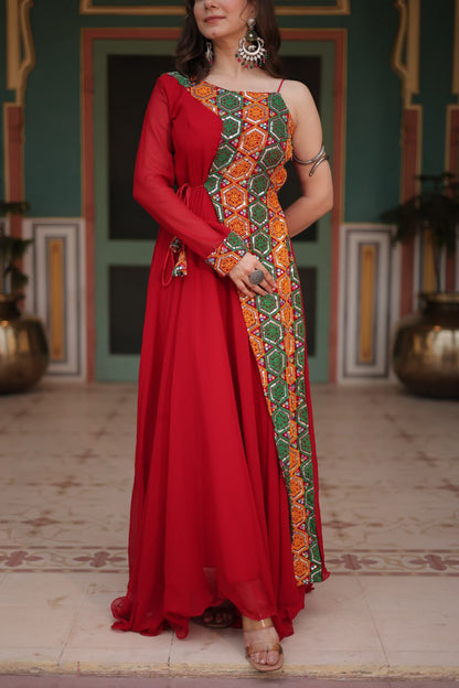 RED COLOR FAUX BLOOMING NAVRATRI GOWN