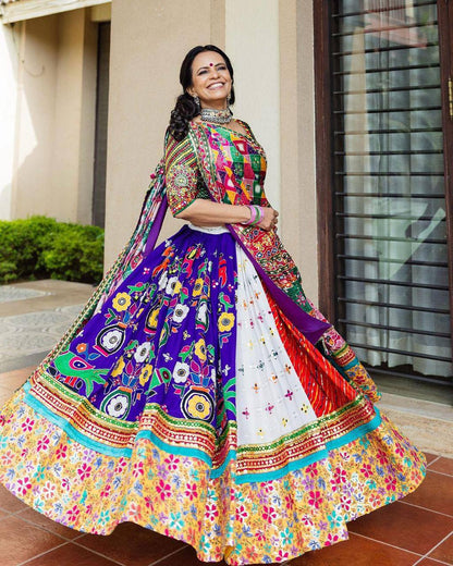 Real Mirror Work Lehenga for Women Digital printed WITH Real Mirror and lace Gujrati Dress Garbha