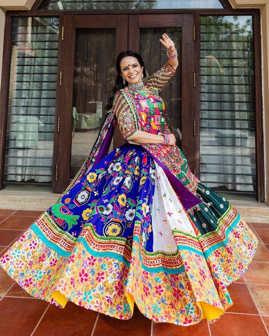 Real Mirror Work Lehenga for Women Digital printed WITH Real Mirror and lace Gujrati Dress Garbha