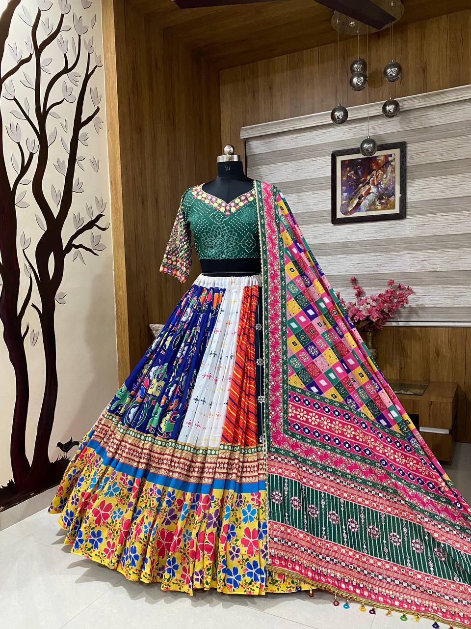 Real Mirror Work Lehenga for Women Digital printed WITH Real Mirror and lace Gujrati Dress Garbha