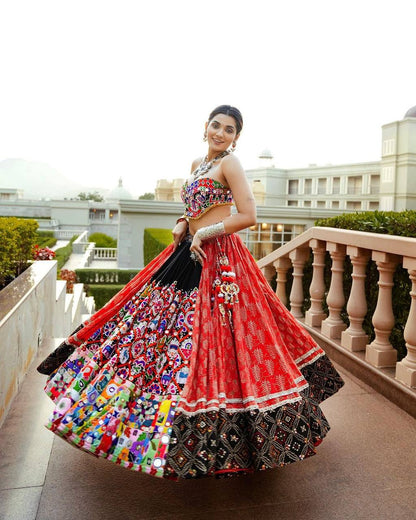 Red Color Muslin Cotton Designer Navratri Lehenga Choli with Digital Print And Mirror Work