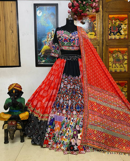 Red Color Muslin Cotton Designer Navratri Lehenga Choli with Digital Print And Mirror Work