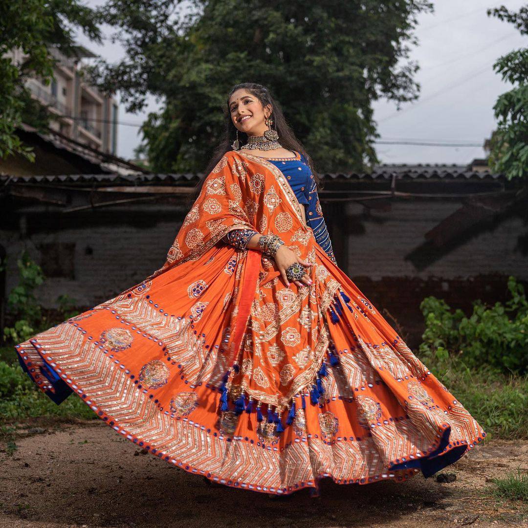 Orange And Blue New Stylish Designer Navratri Chaniya Choli With Dupatta