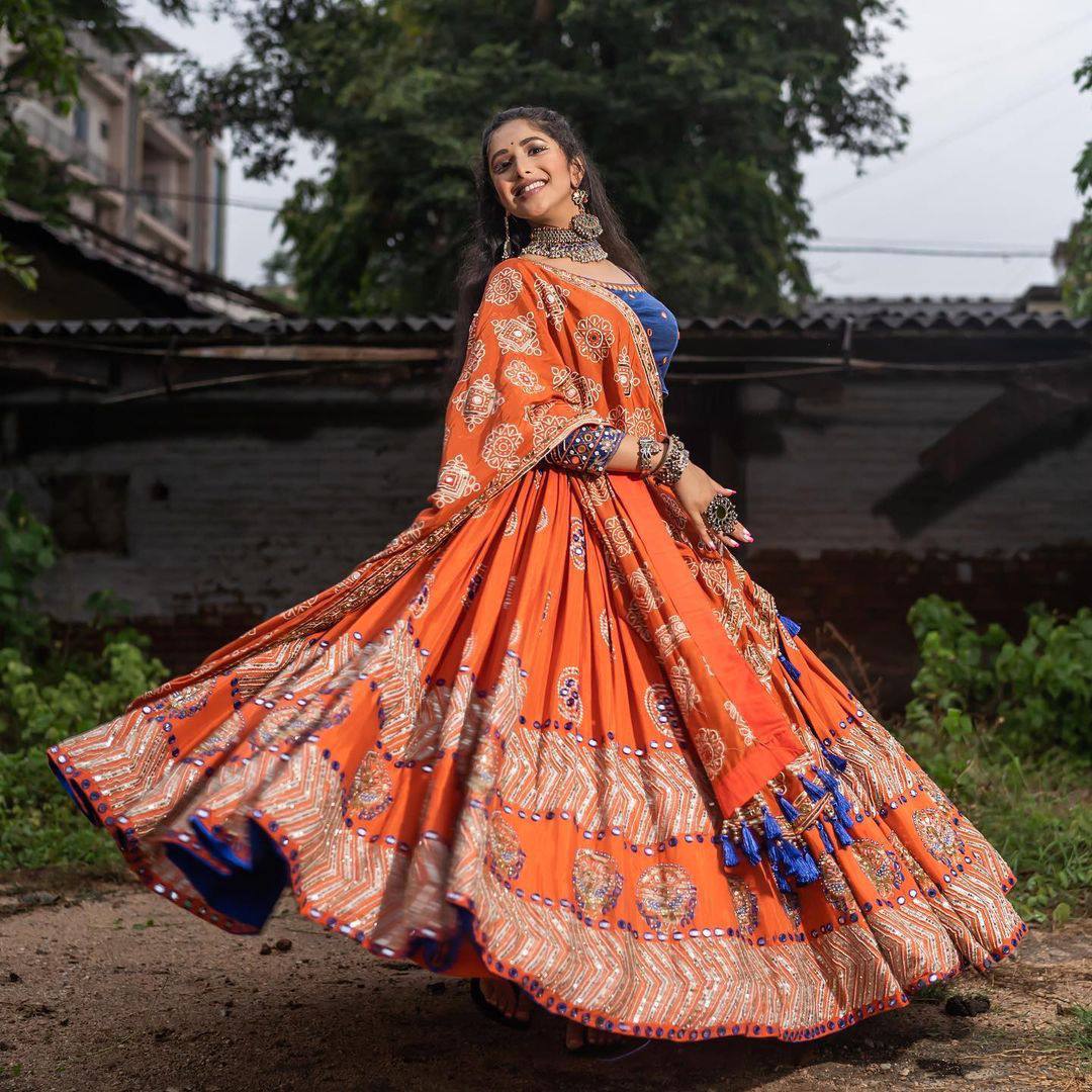 Orange And Blue New Stylish Designer Navratri Chaniya Choli With Dupatta