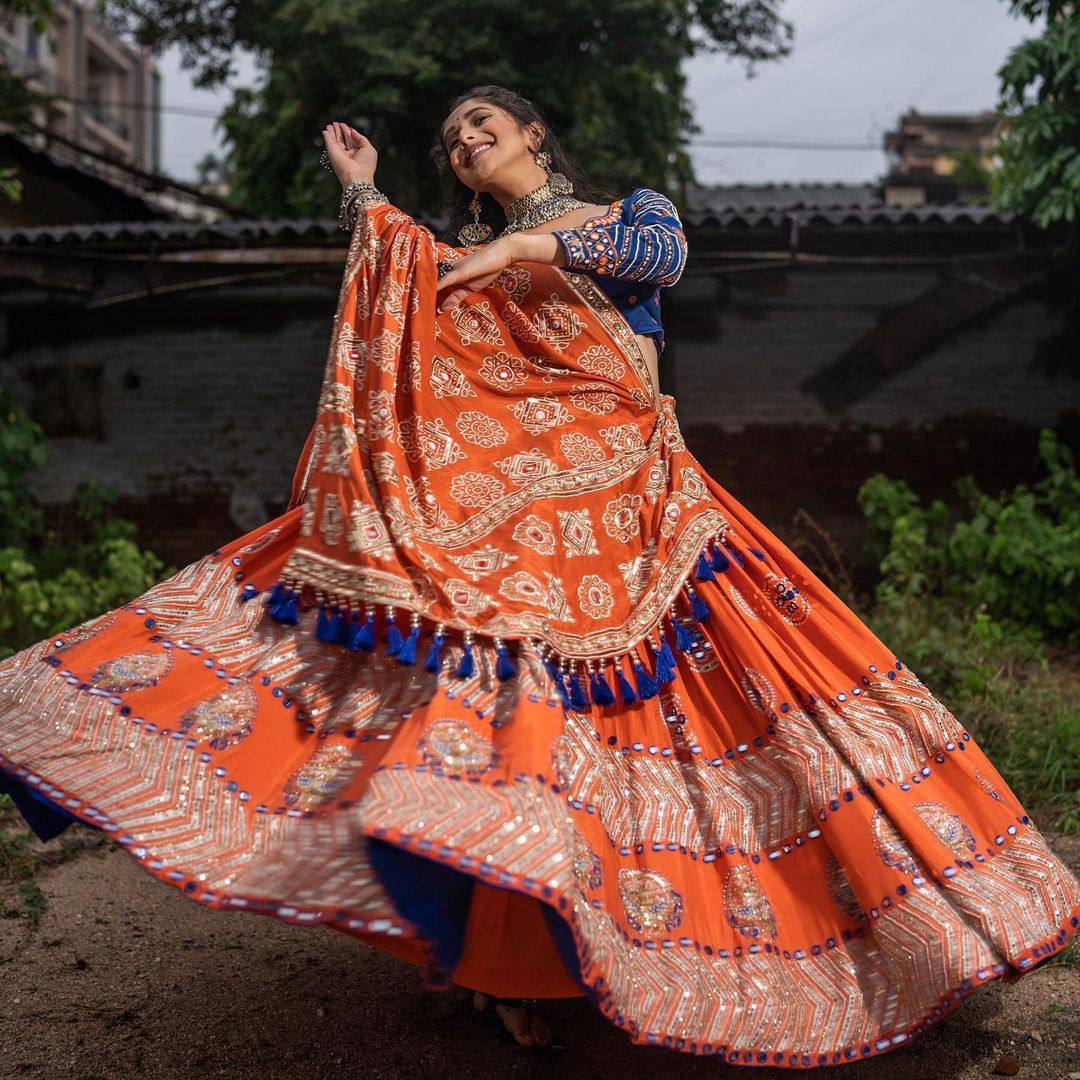 Orange And Blue New Stylish Designer Navratri Chaniya Choli With Dupatta