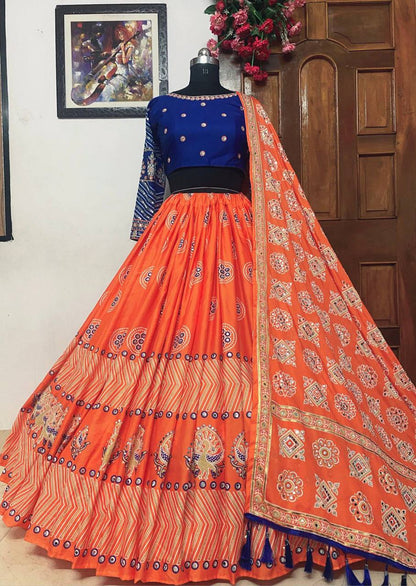 Orange And Blue New Stylish Designer Navratri Chaniya Choli With Dupatta