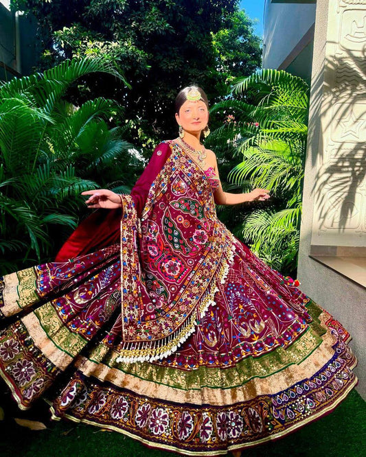 Real Mirror Work Rani Pink Lehenga Choli For Garba Night