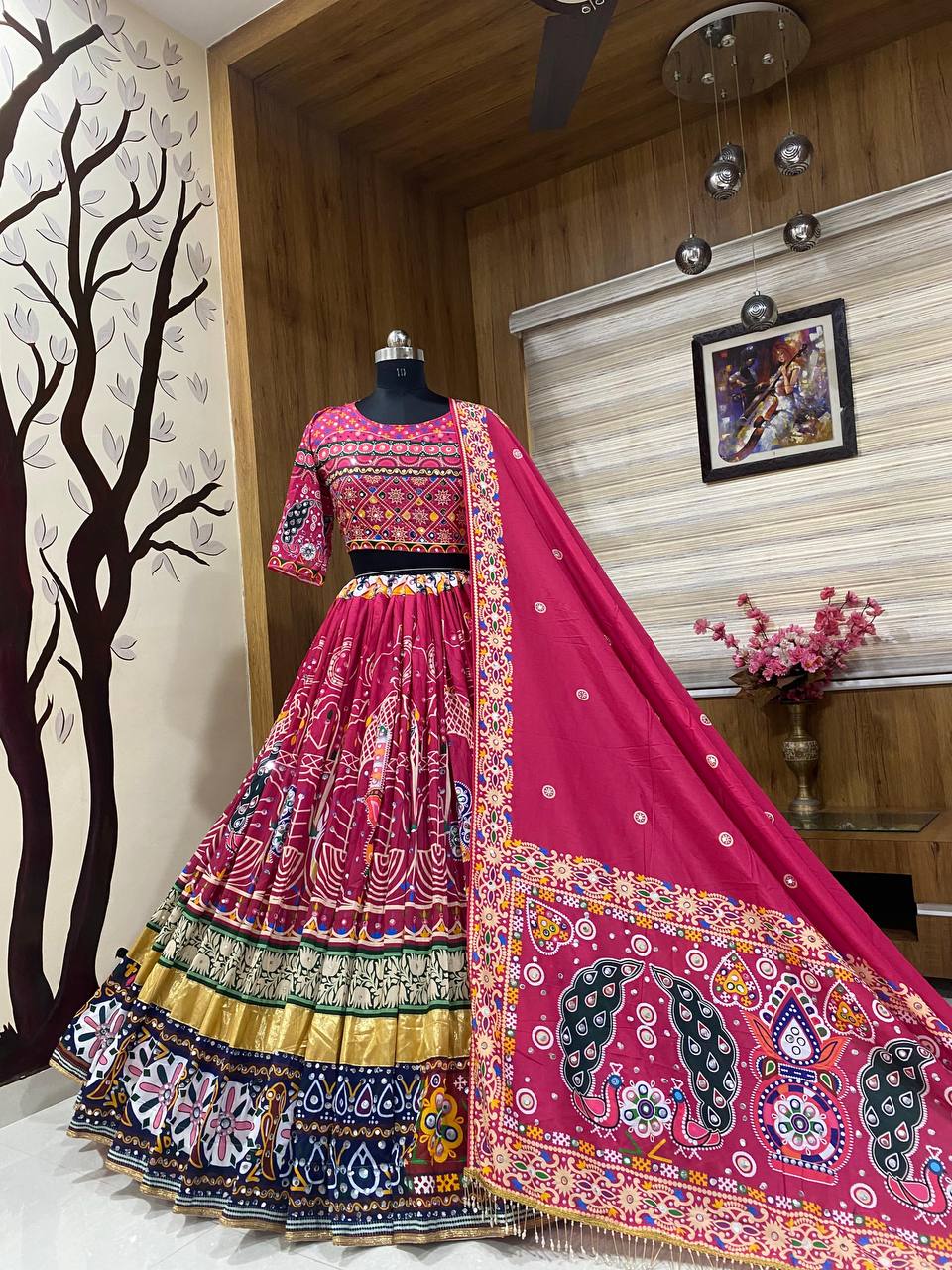 Real Mirror Work Rani Pink Lehenga Choli For Garba Night