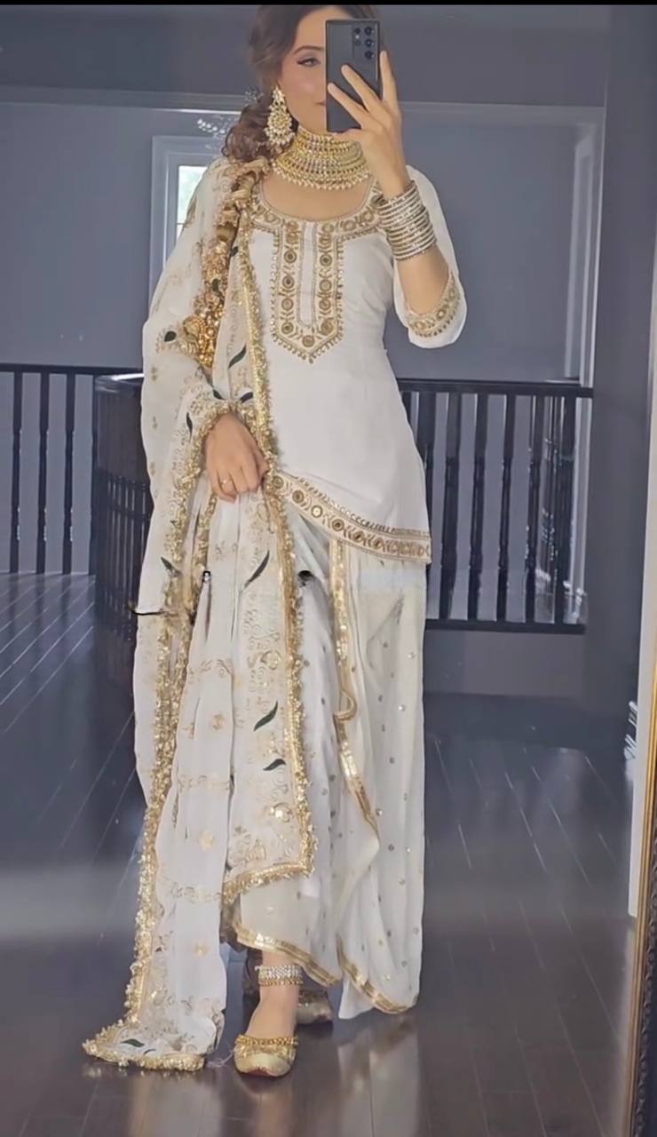 Women's Heavy Malay Silk With Heavy Embroidery Top With Dhoti Skirt and Dupatta