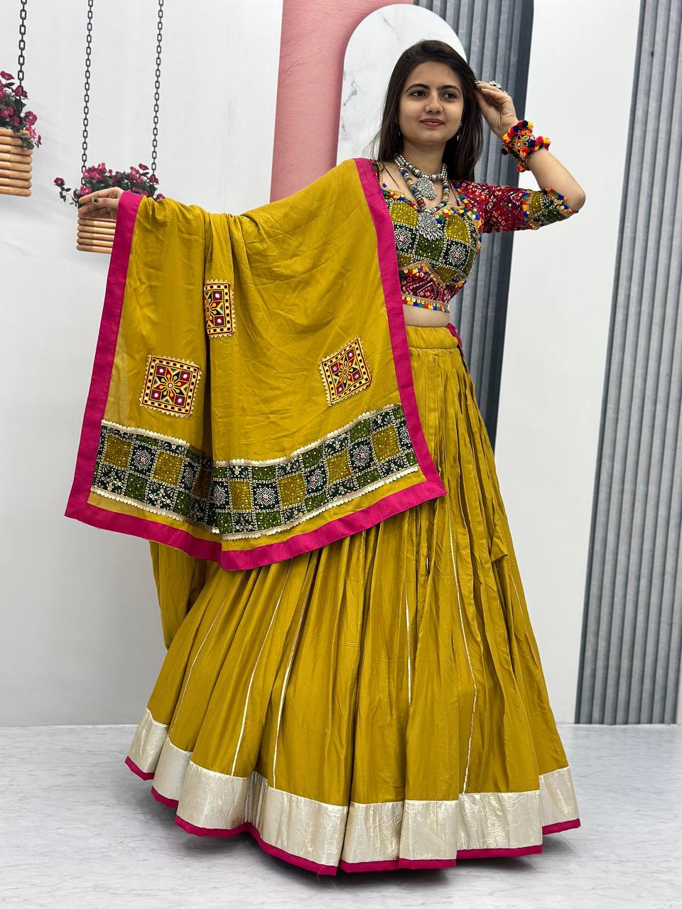 Yellow Lehenga Choli With Bandhani Blouse Design For Garba