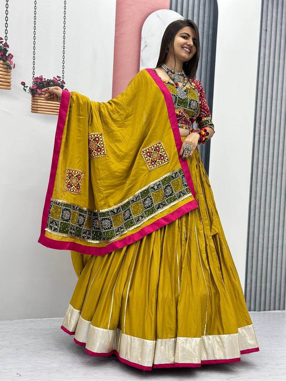 Yellow Lehenga Choli With Bandhani Blouse Design For Garba