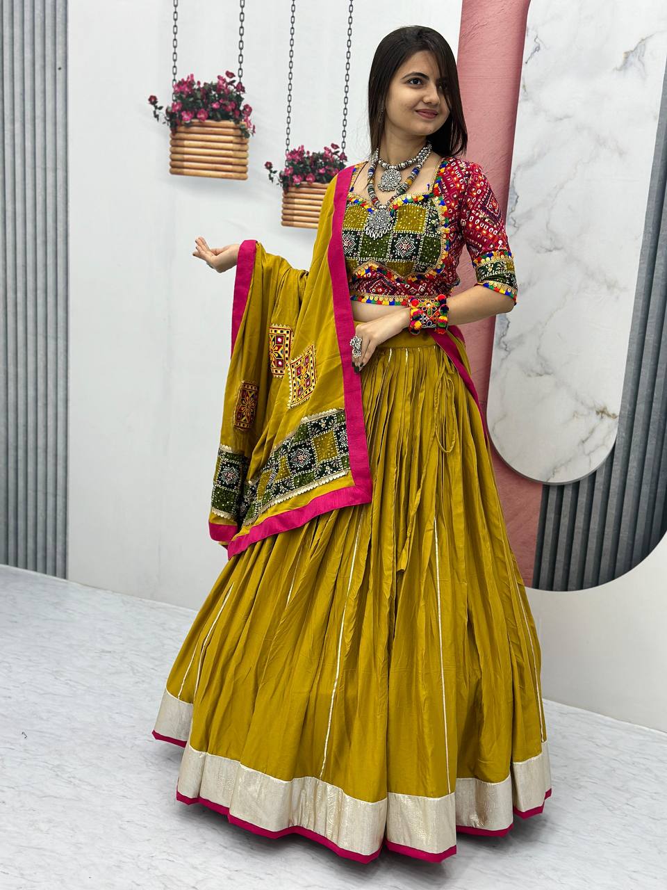 Yellow Lehenga Choli With Bandhani Blouse Design For Garba