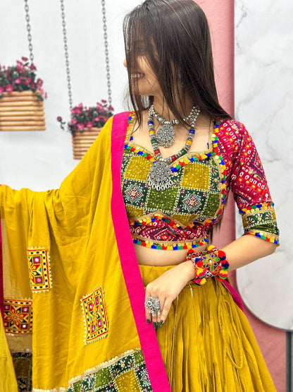 Yellow Lehenga Choli With Bandhani Blouse Design For Garba