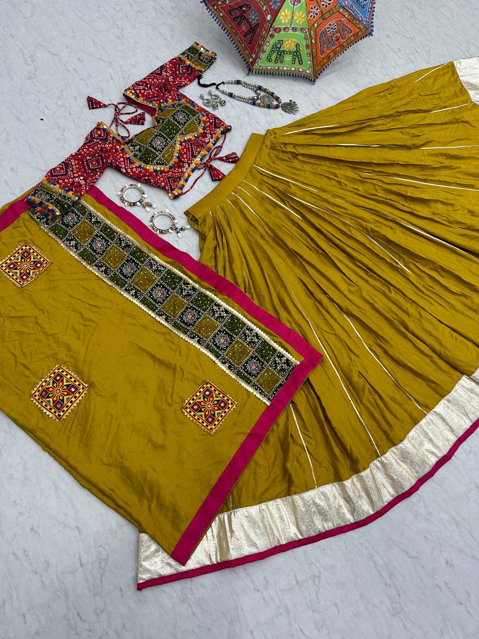 Yellow Lehenga Choli With Bandhani Blouse Design For Garba