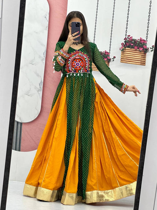 Yellow Lehenga Choli With Green Long Shrug For Girls