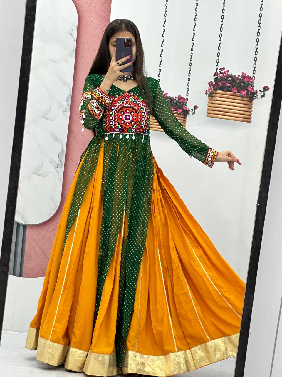 Yellow Lehenga Choli With Green Long Shrug For Girls