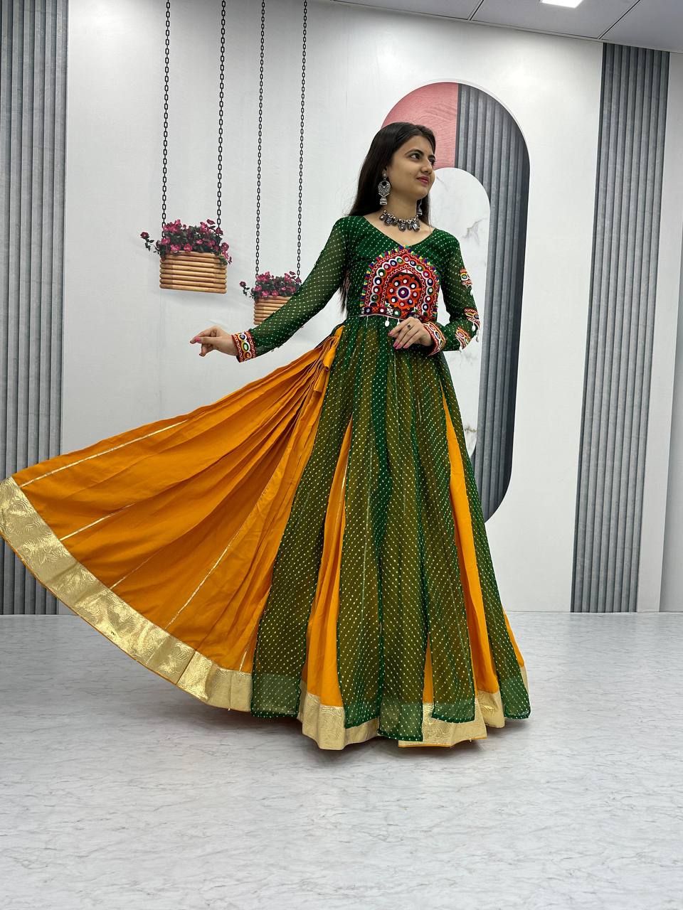 Yellow Lehenga Choli With Green Long Shrug For Girls