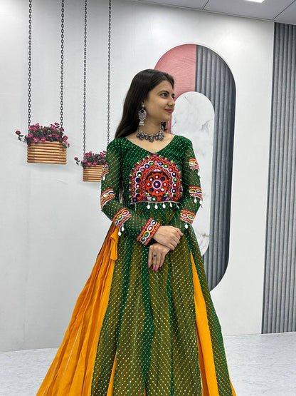 Yellow Lehenga Choli With Green Long Shrug For Girls