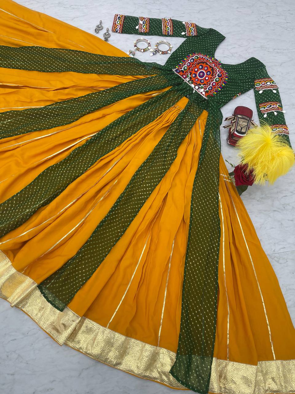 Yellow Lehenga Choli With Green Long Shrug For Girls