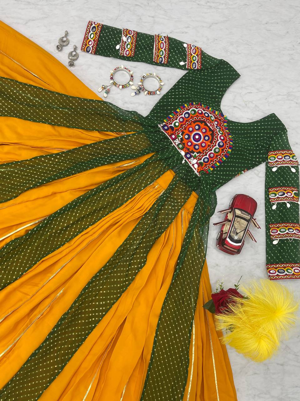 Yellow Lehenga Choli With Green Long Shrug For Girls