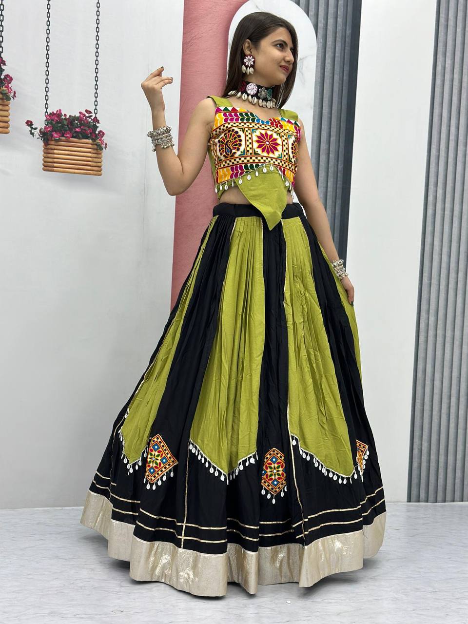 Navaratri Special Lengha Choli In Embroidery and Real Mirror Work Indian Outfit