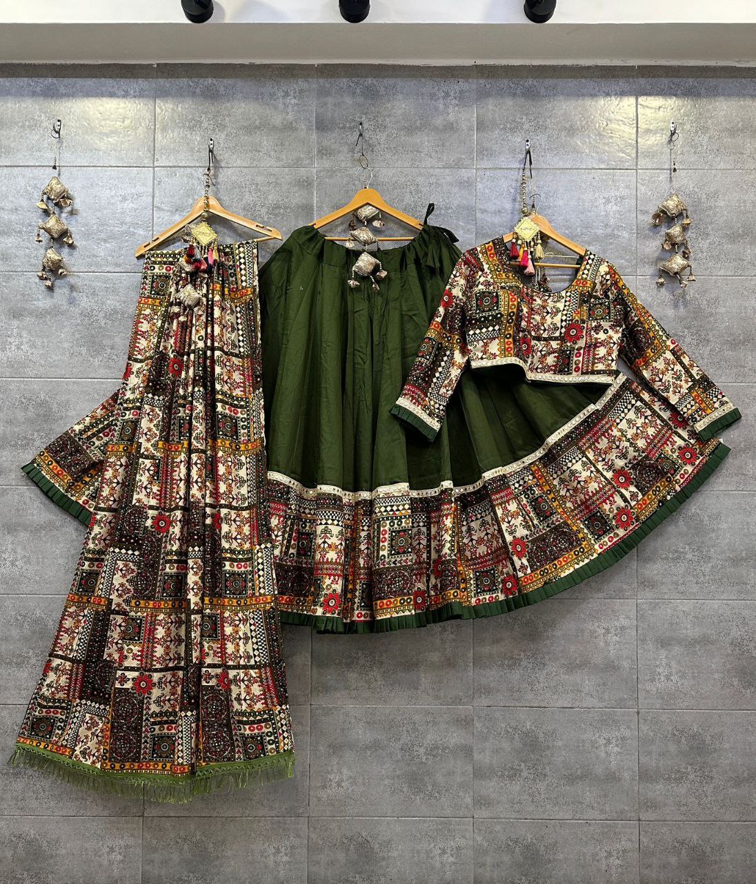 Green Jam Cotton Chaniya Choli with Embroidered Blouse