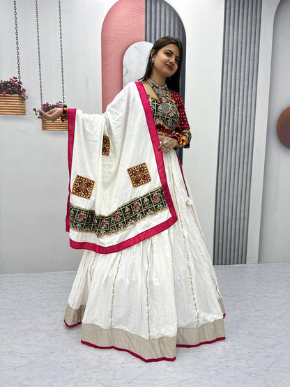 WHITE COLOR PURE COTTON GAMTHI WORK NAVRATRI LEHENGA CHOLI