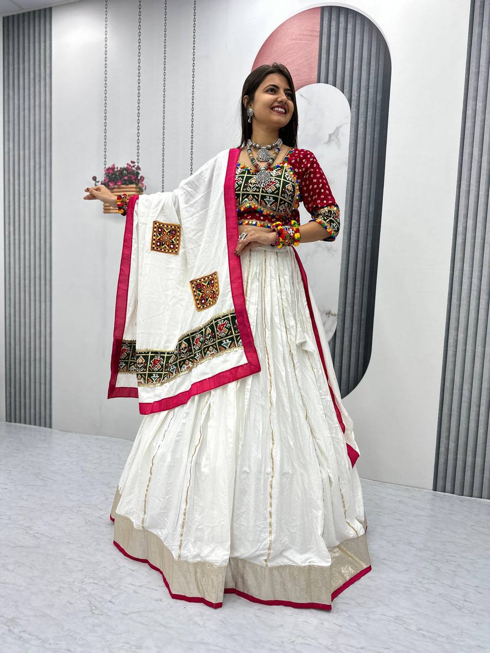 WHITE COLOR PURE COTTON GAMTHI WORK NAVRATRI LEHENGA CHOLI