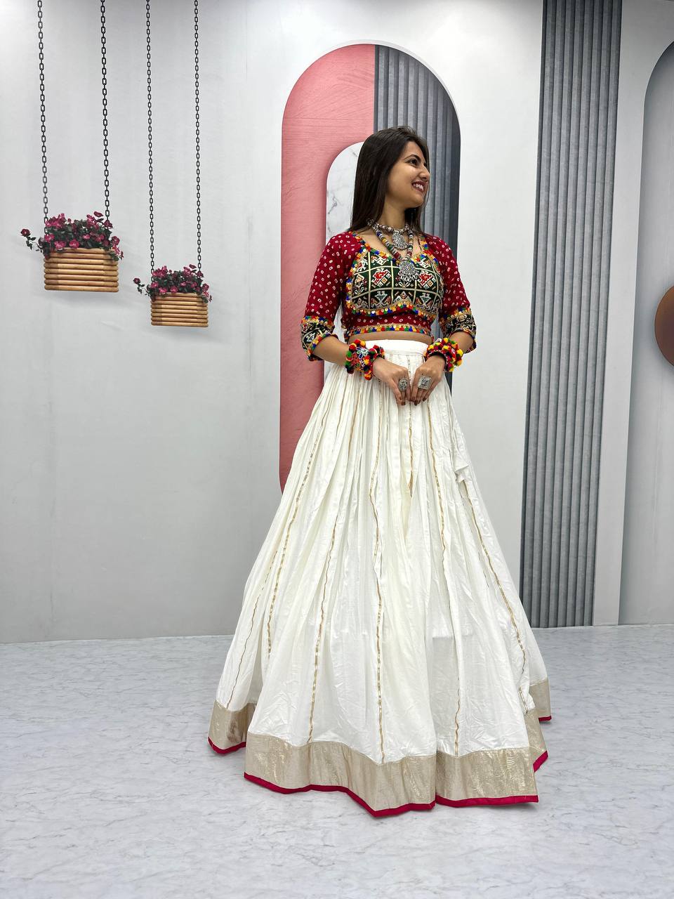 WHITE COLOR PURE COTTON GAMTHI WORK NAVRATRI LEHENGA CHOLI