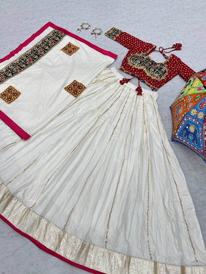 WHITE COLOR PURE COTTON GAMTHI WORK NAVRATRI LEHENGA CHOLI