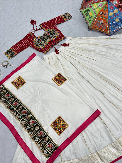 WHITE COLOR PURE COTTON GAMTHI WORK NAVRATRI LEHENGA CHOLI