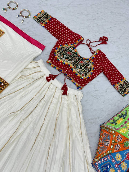 WHITE COLOR PURE COTTON GAMTHI WORK NAVRATRI LEHENGA CHOLI