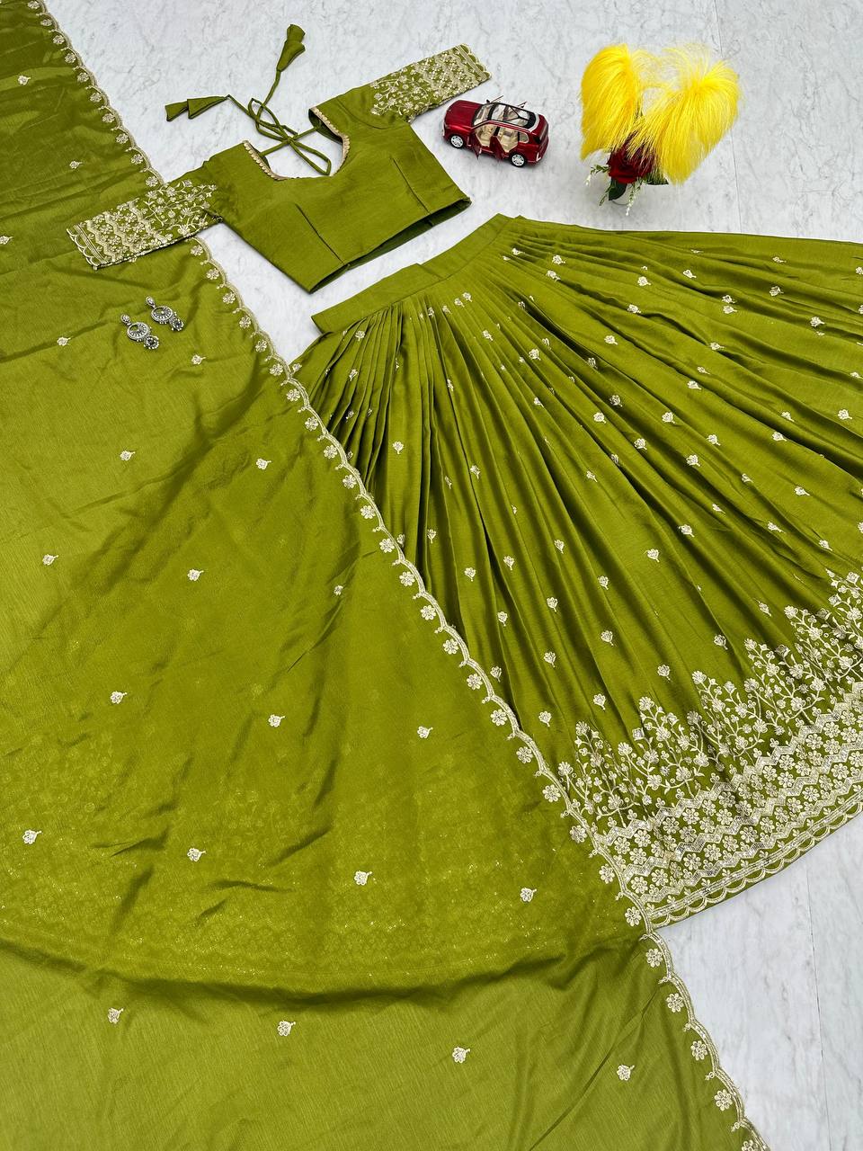 DESIGNER FANCY CHINON THREAD WORK LEHENGAS