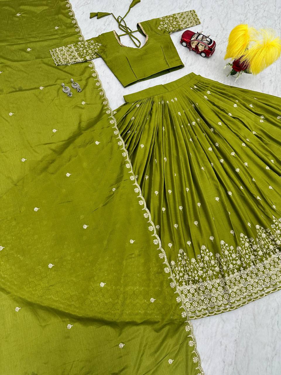 DESIGNER FANCY CHINON THREAD WORK LEHENGAS