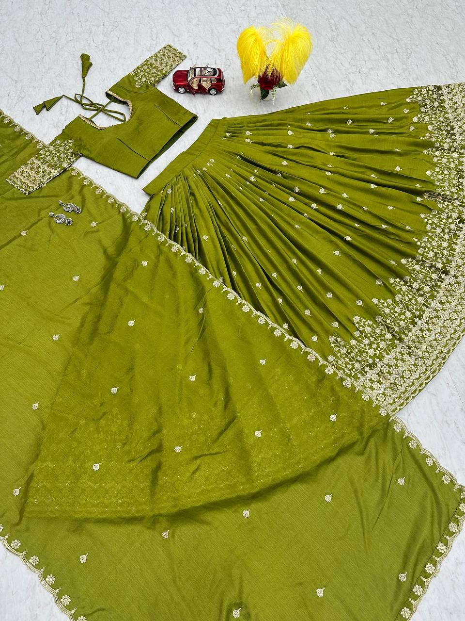 DESIGNER FANCY CHINON THREAD WORK LEHENGAS