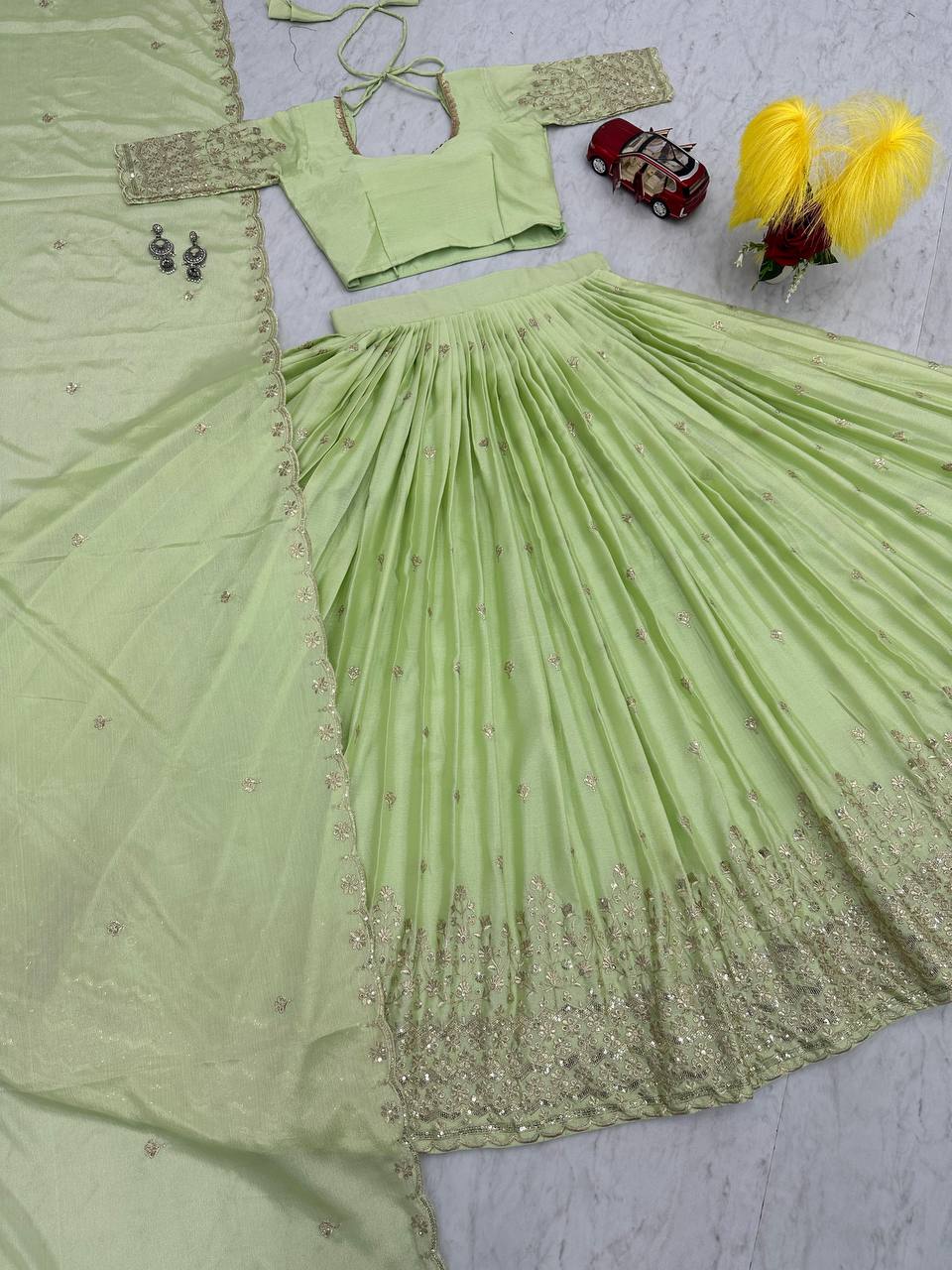 Wedding Wear Cotton Pista Lehenga Choli