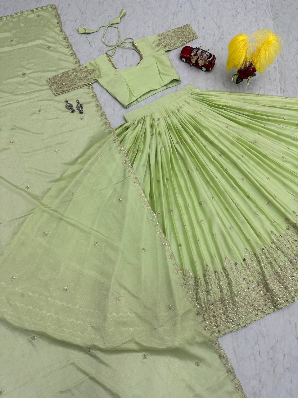 Wedding Wear Cotton Pista Lehenga Choli