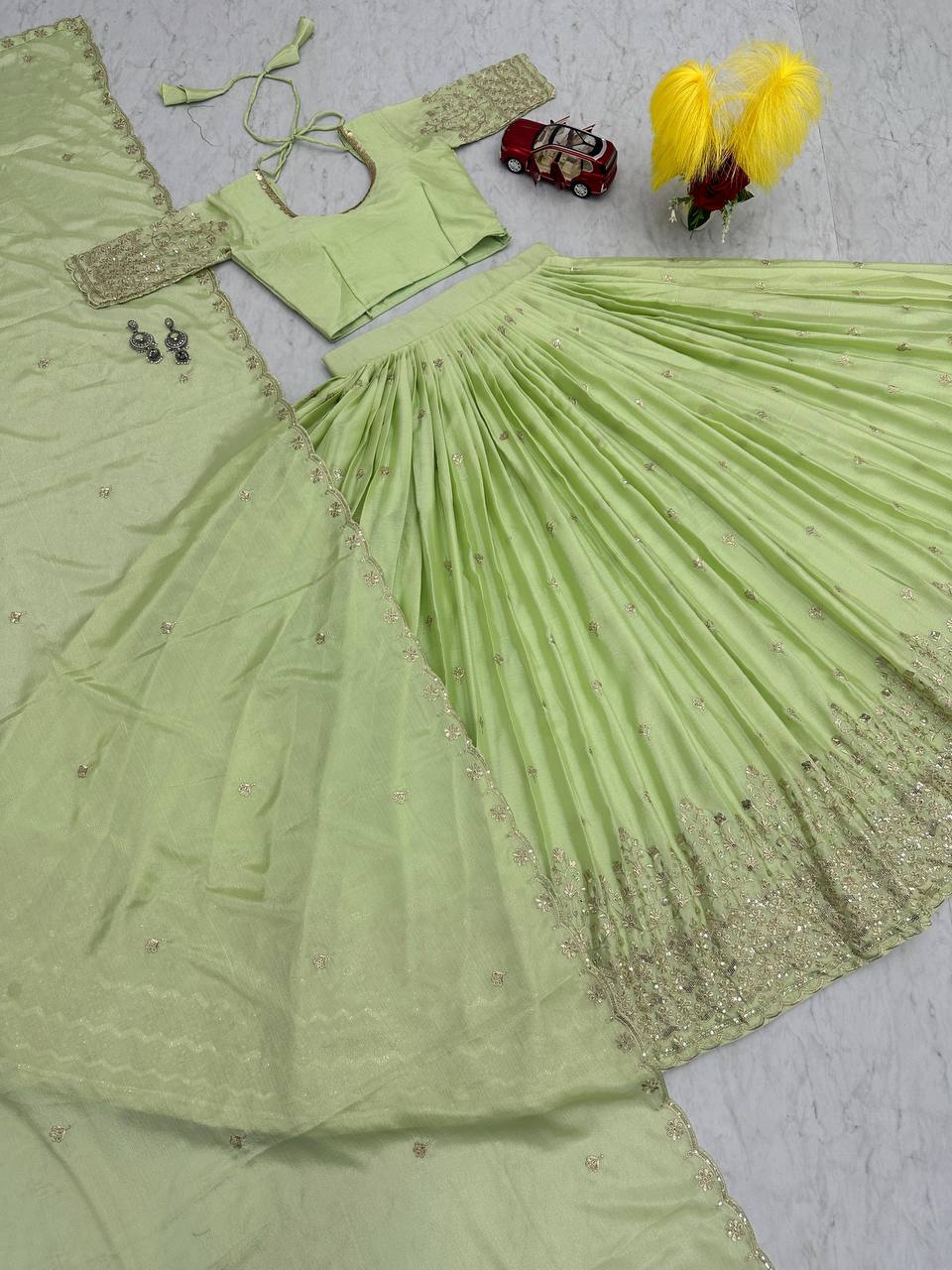 Wedding Wear Cotton Pista Lehenga Choli