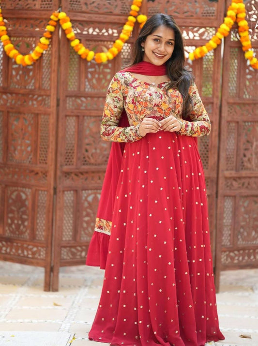 Traditional Georgette Red Princess Gown For Durga Puja