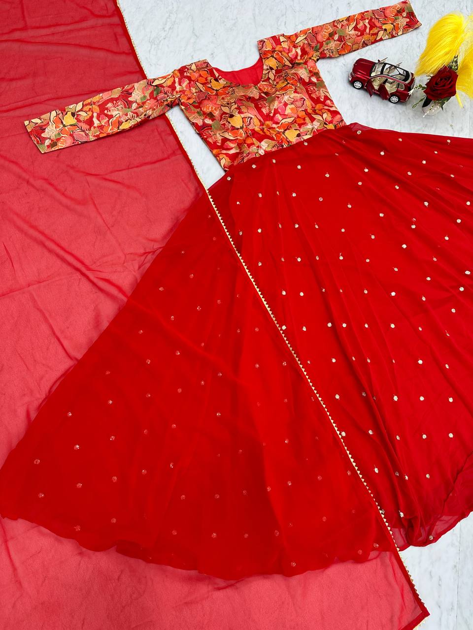 Traditional Georgette Red Princess Gown For Durga Puja